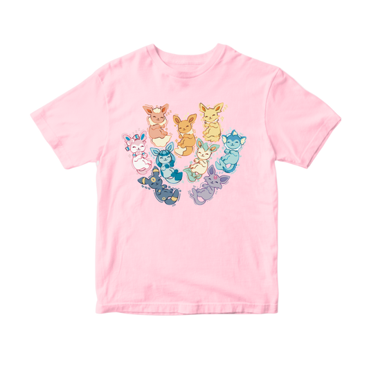 Pink t-shirt with colorful cartoon cat designs on a white background